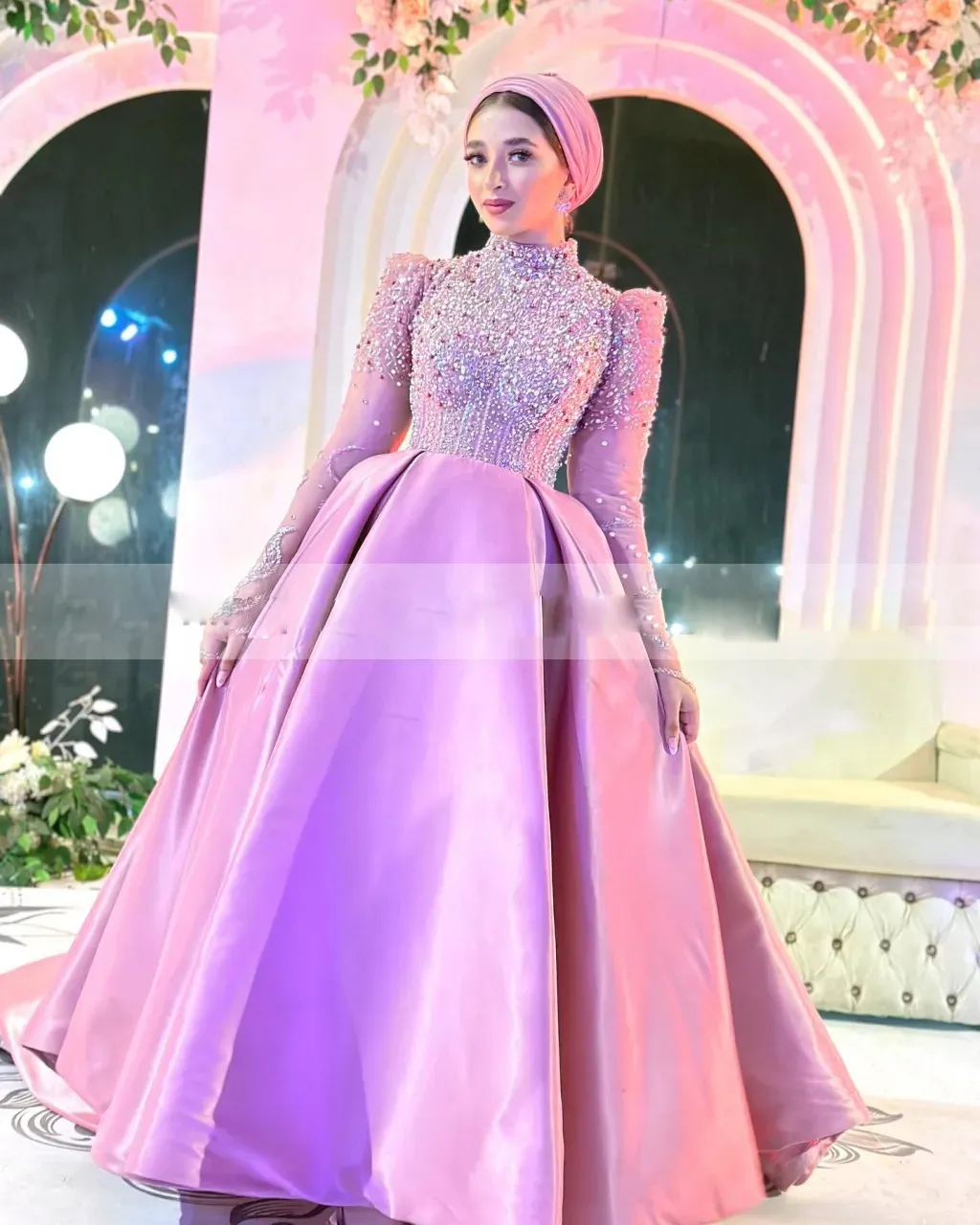 fitted lace wedding dress Luxury Sage Green Modest Hijab-Style beaded Evening Dress SS613 main image 0