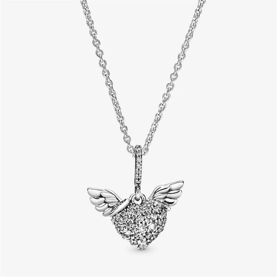 100% 925 Sterling Silver Pave Heart and Angel Wings Halsband Fashion Women Wedding Engagement Smycken Tillbehör260C