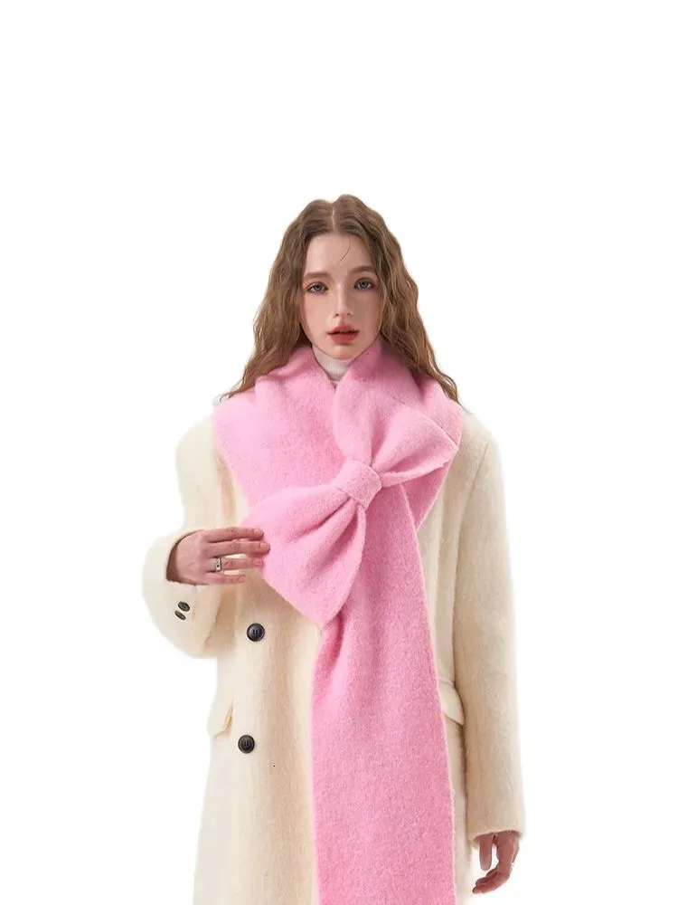 Scarves Niche Korean Version Designer Plush Soft Bow Wool Scarf Womens Winter Warmth Pink Thick Neck Bufandas Invierno Mujer 231007