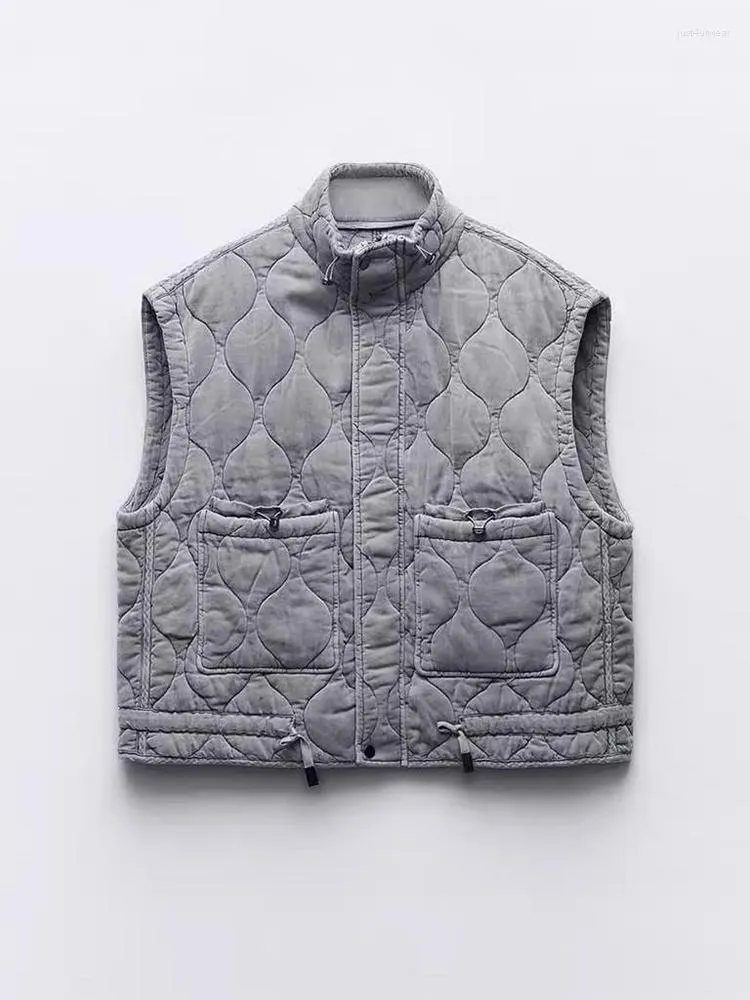 Autumn Winter Women's Grey Vest Cotton Padded Waistcoat Warm Jacket Stående krage ärmlös streetwear ytterkläder