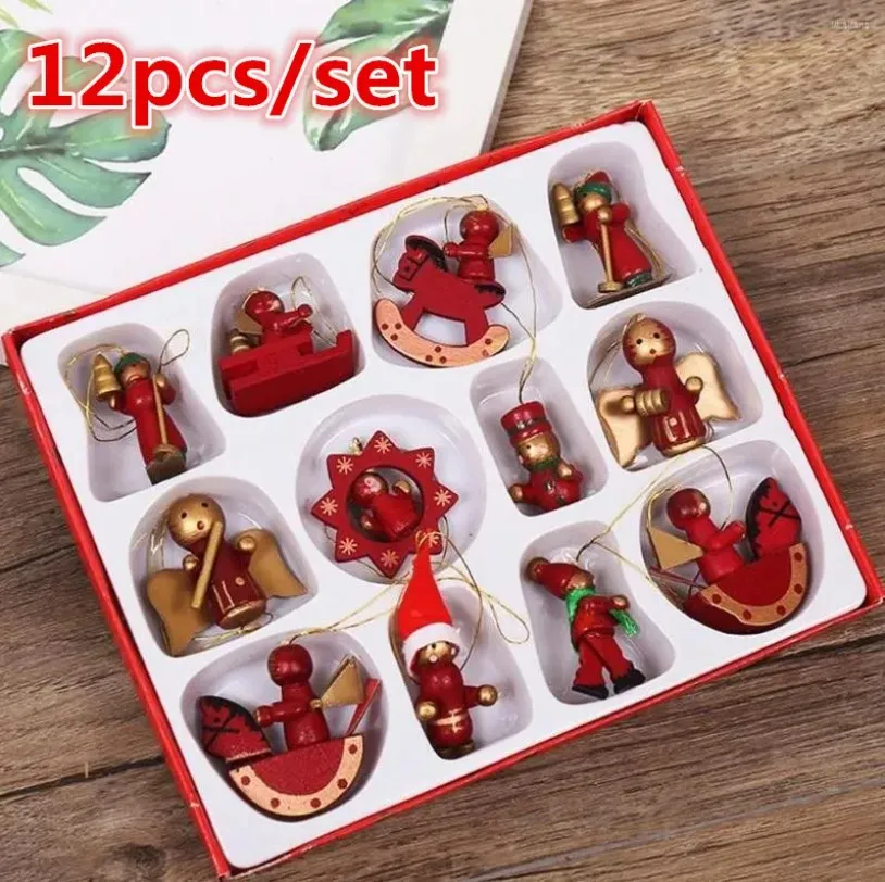Decorazioni natalizie 12 pz / set Ornamenti in miniatura in legno Albero Pendenti appesi Anno Regalo Giocattolo per bambini Decorazioni per feste a casa All'ingrosso 1005
