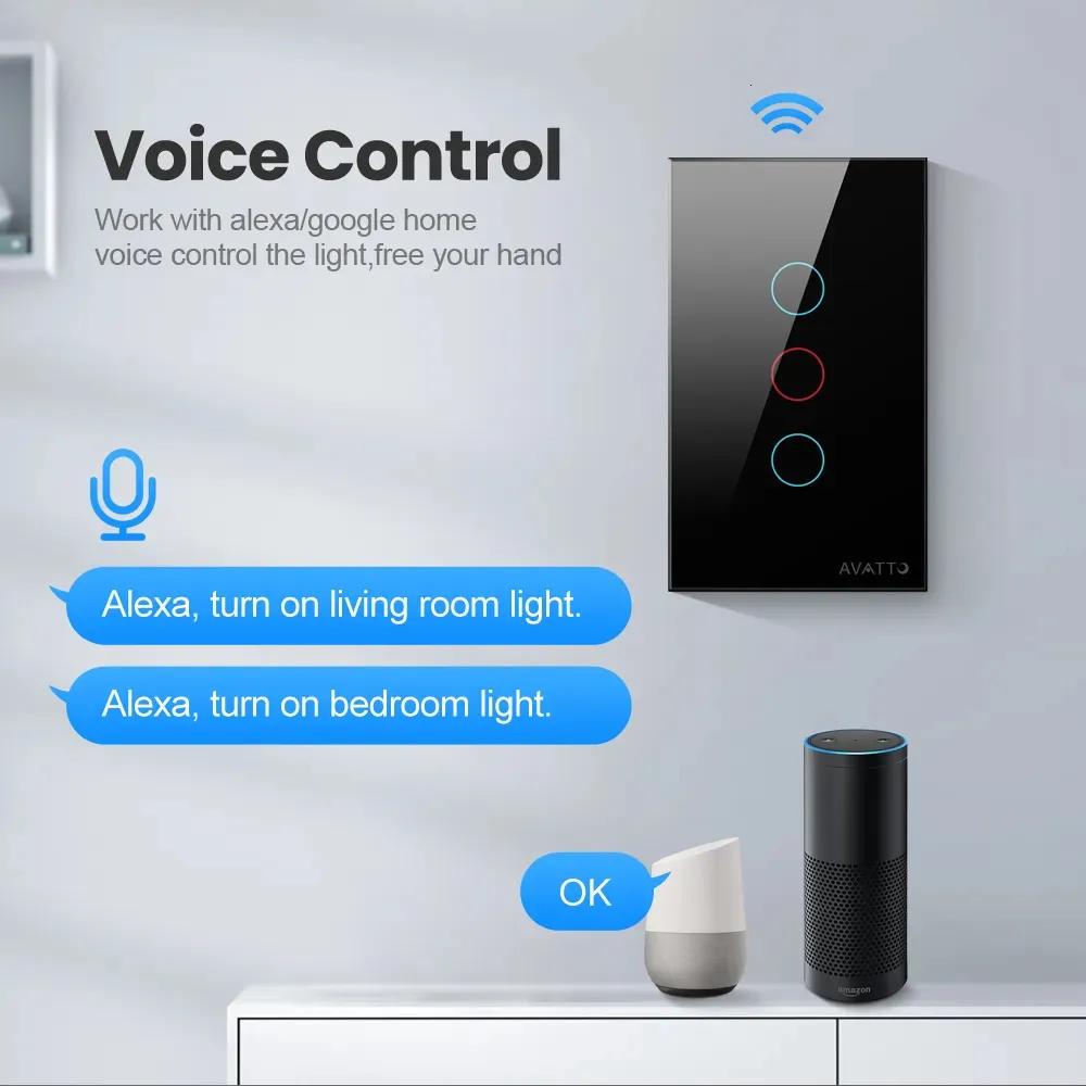 Smart Home US Standard Panneau de verre Wifi Smart Touch Ventilateur de plafond Interrupteurs d'éclairage Minuterie 2 voies/3 voies