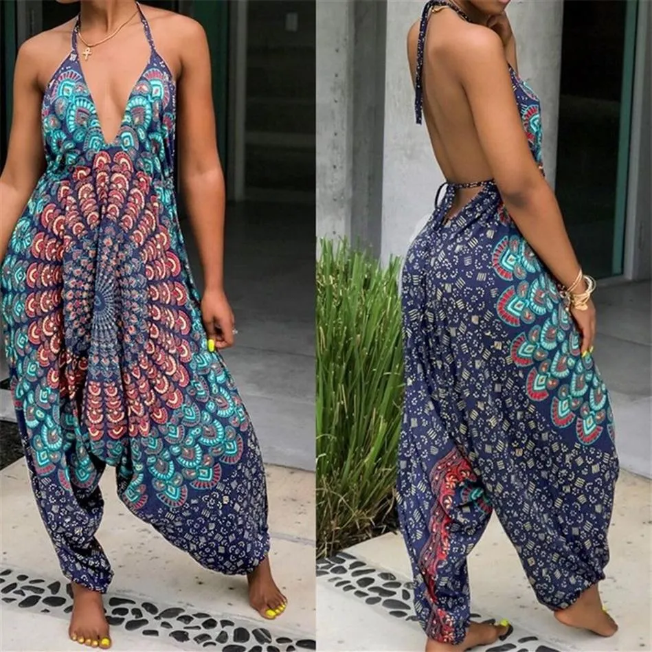 Helisopus Wijde pijpen Bohemian Jumpsuit Mandala Print Dames Halter Laag Kruis Casual Losse Jumpsuit Strand Casual Jumpsuit Dames 2203330D