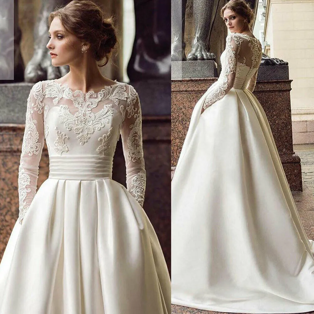 Elegant Sheer Sleeve Wedding Dress A-Line Lace Appliques, Beaded Bridal  Gown, Plus Size, Garden Formal Robe de Marriage