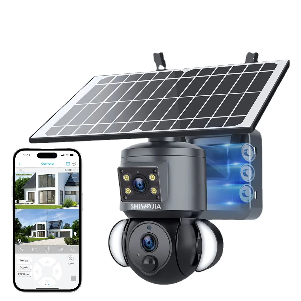 Shiwojia 4K 8MP Solar Camera 4G Sim /WiFi Security Outdoor Dual Lens Recording Humanoid Tracking Color Night Vision PTZ Cam Cam