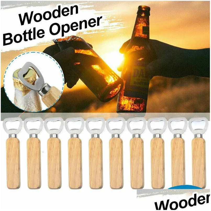 オープナー10pcs/lot木製ボトルオープナービールcan家庭用キッチンバーツールハンドヘルドワインソーダガラスキャップガジェットドロップDHHWA