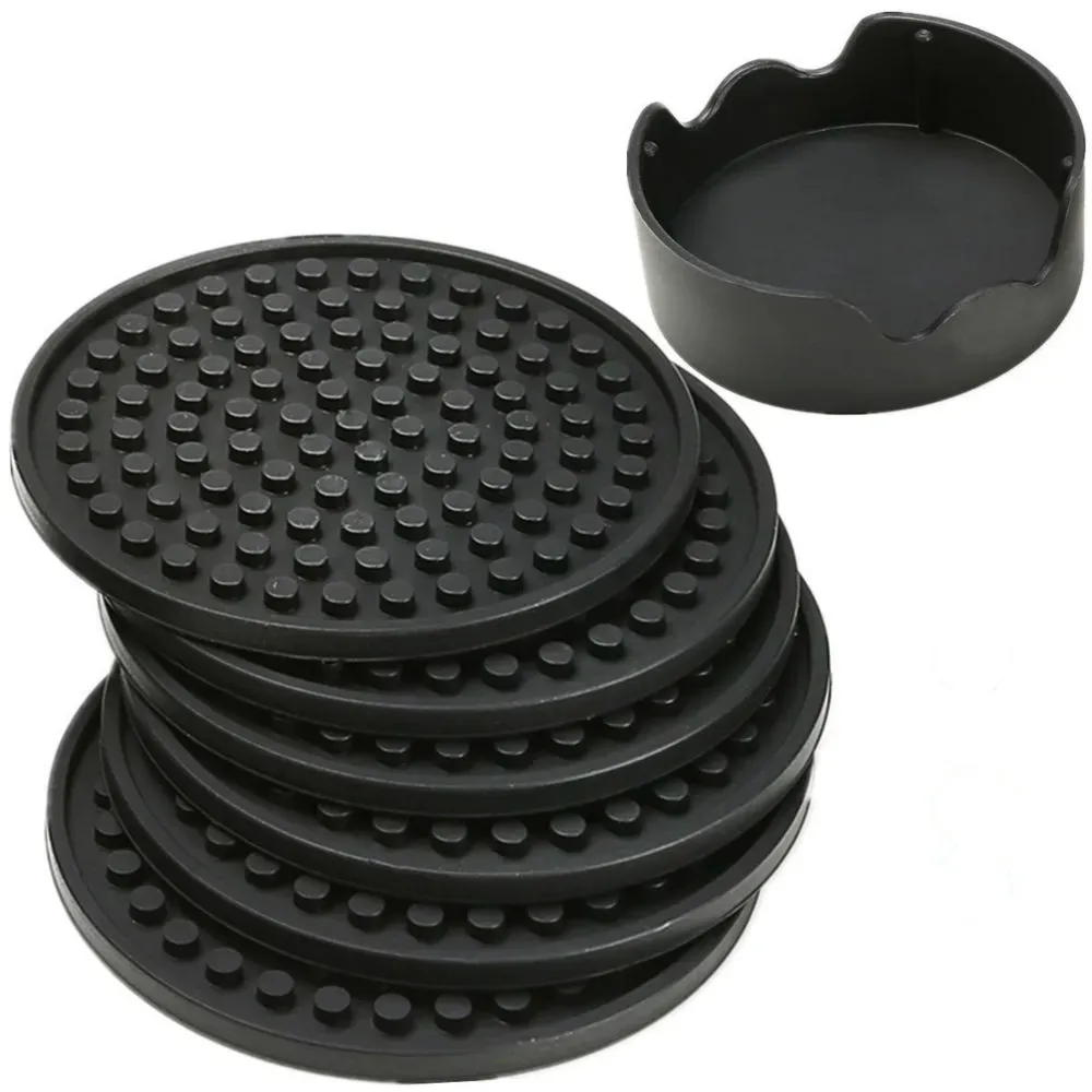 4.3Inch 6st/Set Black Round Silicone Drink Coasters Cup Mat Cup Osklar Tabeller med hållare 60st