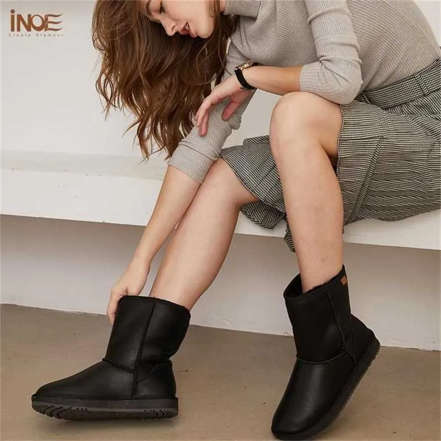 Leer Natuurlijke Wol Schapen Bont Gevoerd Dames Mid-kalf Casual Winter Snowboots Warme Schoenen Waterdicht Zwart 230922