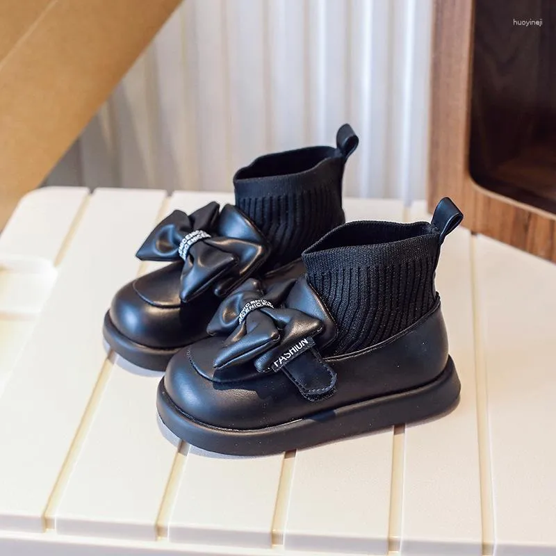 Stövlar barn flickor strumpor pu matt läder småbarn svart all-match ankel mode kausal bowknot barn skolklänning skor