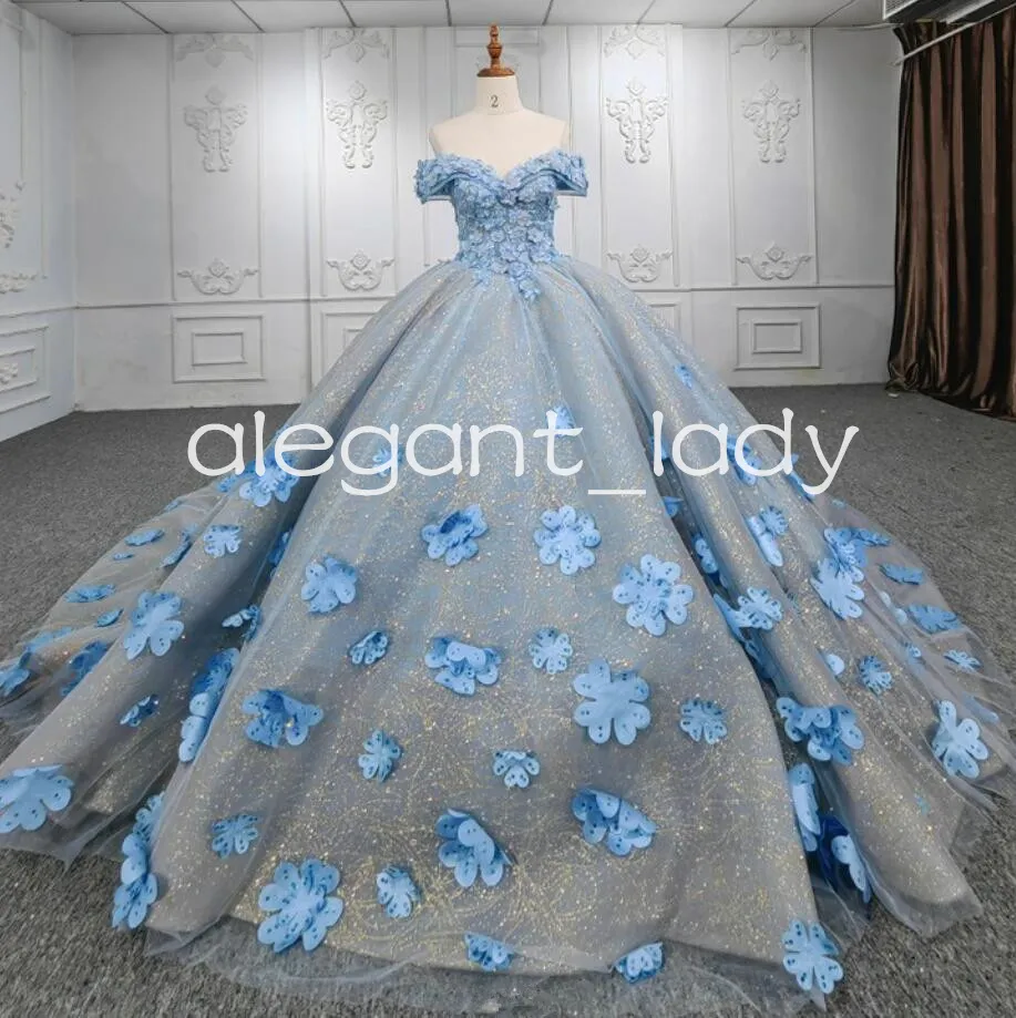 Céu azul cinderela quinceanera vestidos fora do ombro gillter lantejoulas 3d floral rendas espartilho vestidos de 15 quinceanera celeste