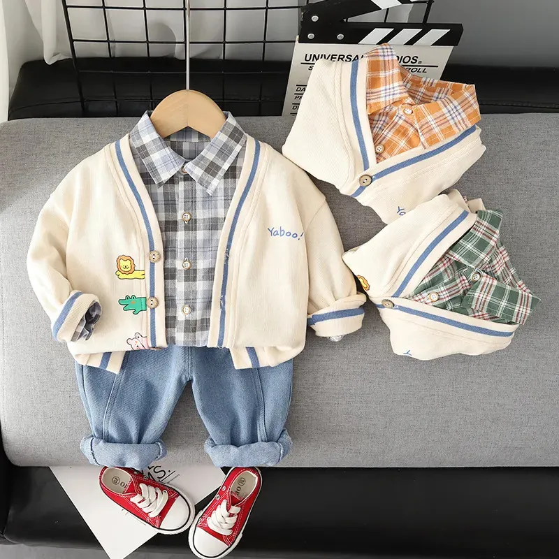 Conjuntos de roupas unissex crianças casual terno desenho animado animal impressão jaqueta única xadrez camisa calças para 1 5 anos de idade moda diária desgaste 231007