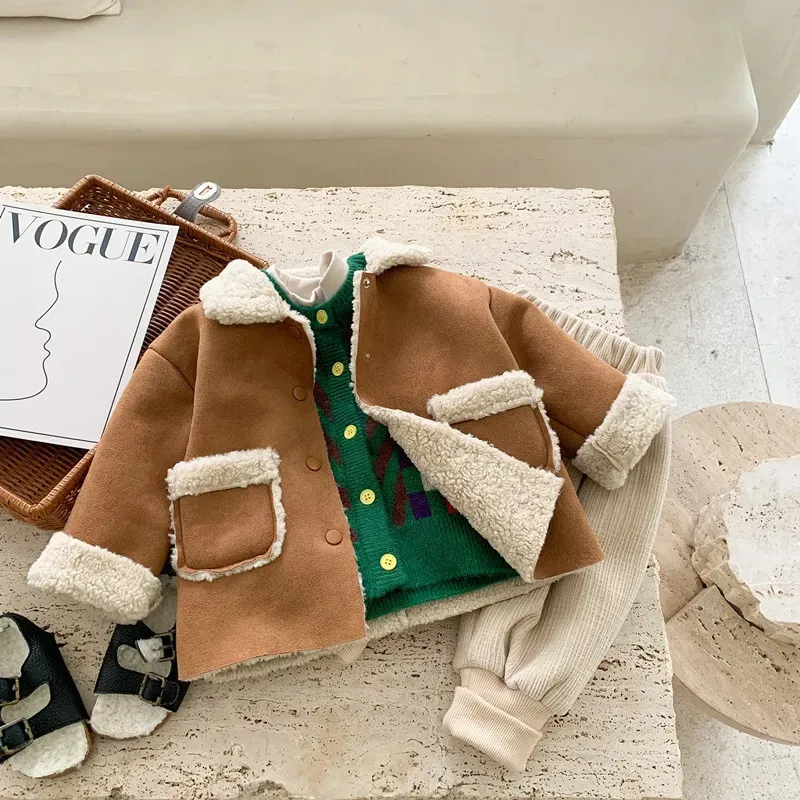 Warm Suede Lamb Wool Kids Coat Camel Thicken Winter Toddler Boy Girl Jacket Outerwear 2024
