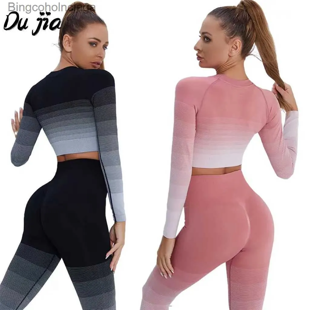 Actieve sets Naadloze yogaset voor dames Gym Hoge taille Ombre-legging T-shirts Toppak Lange mouw Fitness Workout Sport Hardlopen Sportkleding SetL231007