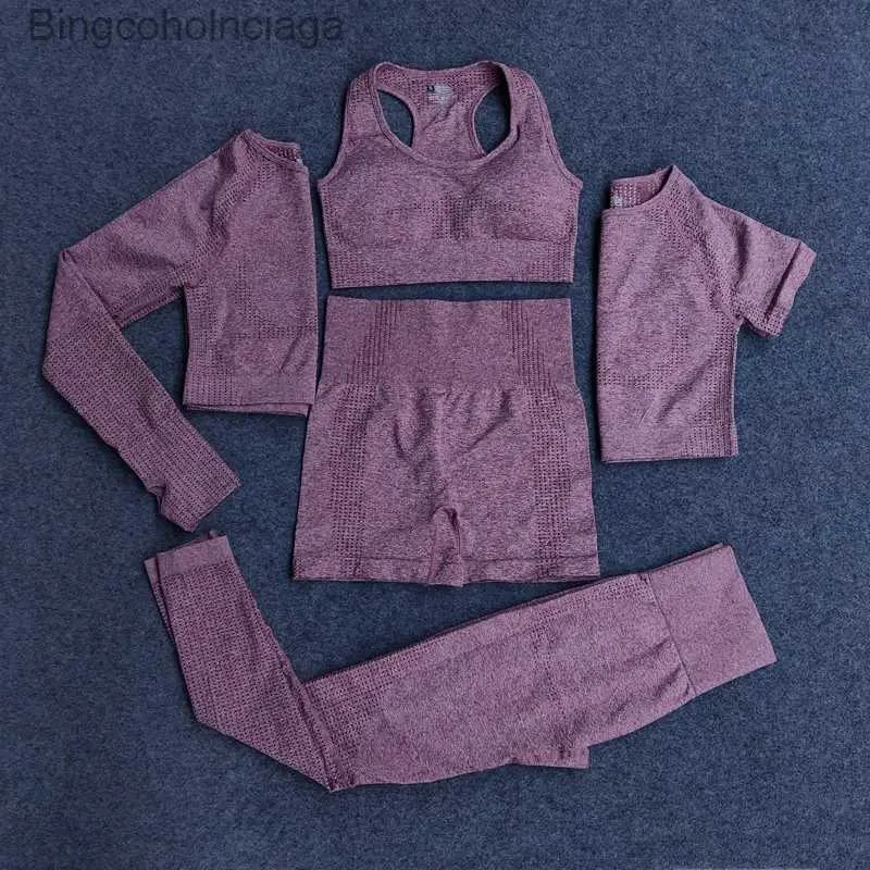 Conjuntos activos 2/3/5 Uds. Conjunto de Yoga para mujer, ropa deportiva sin costuras, ropa de gimnasio, camisa corta de manga física, sujetador, Top, mallas de cintura alta, pantalones, traje deportivoL231007