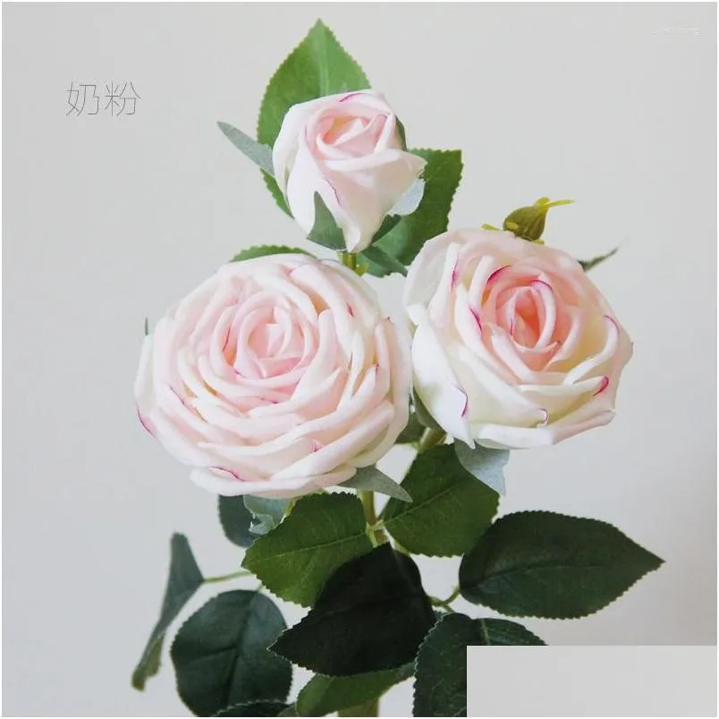 Dekoracyjne kwiaty wieńce Faux 3head Feel LaTex Rose Nawilżanie prawdziwy dotyk sztuczny bukiet ślubny wystrój zdarzenia domowy Fake kropla dhmwi