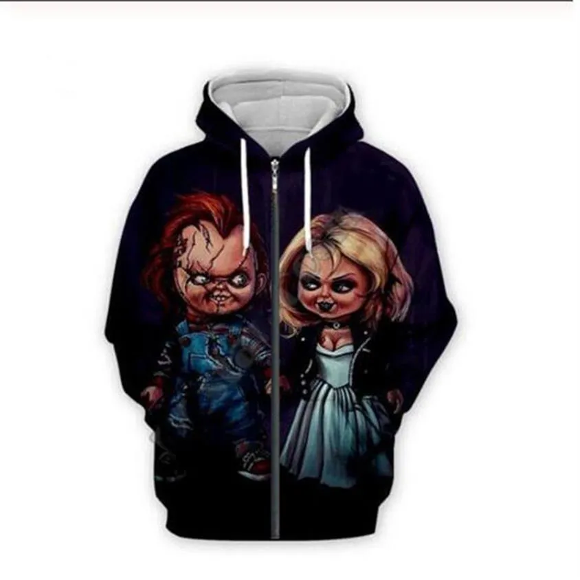 Whole Womens Mens Child's play Bride of Chucky doll 3D Print Hooded Sweatshirts Halloween Funny Backwoods Pattern Zipper 222Q