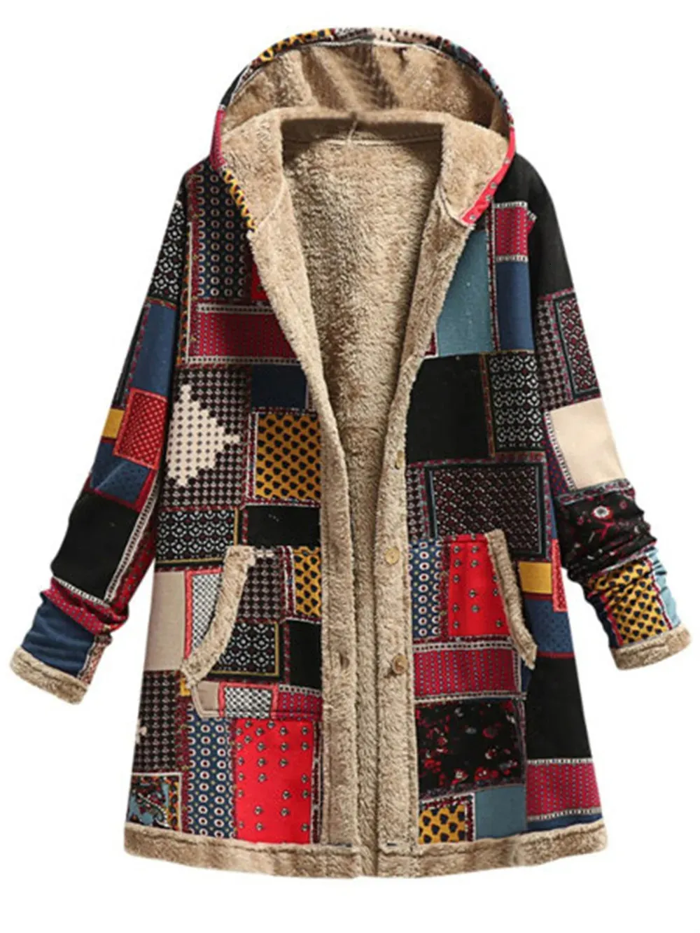 Women's Wool Blends Winter Vintage Women Coat Warm Printing Thick Fleece Hooded Plush Coat Casual Retro Coat Ladies Outwear Loose Jacket For Women 231007