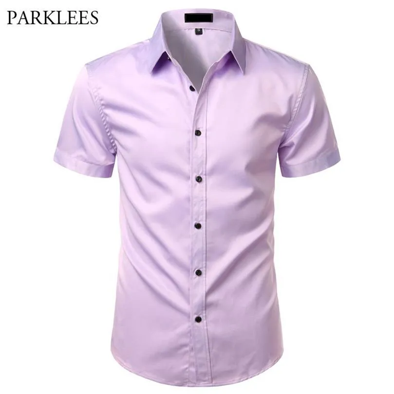 Light Purple Mens Dress Shirts 2020 Summer Short Sleeve Bamboo Fiber Shirt Men Chemise Non Iron Easy Care Formal Shirt For Male174v