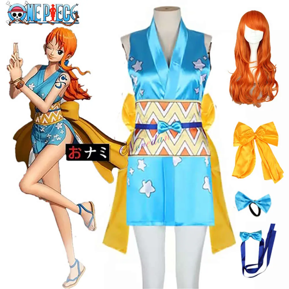 Disfraz de Anime japonés Nami, peluca, vestido tipo kimono para mujer, 6 piezas, accesorios, traje de Halloween, accesorios, Setcosplay