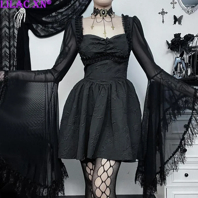 Casual Kleider Goth Schwarz Spitze Ausgestelltes Langarm Party Y2K Elegante Vintage A-Linie V-ausschnitt Kurze Mini Vestidos