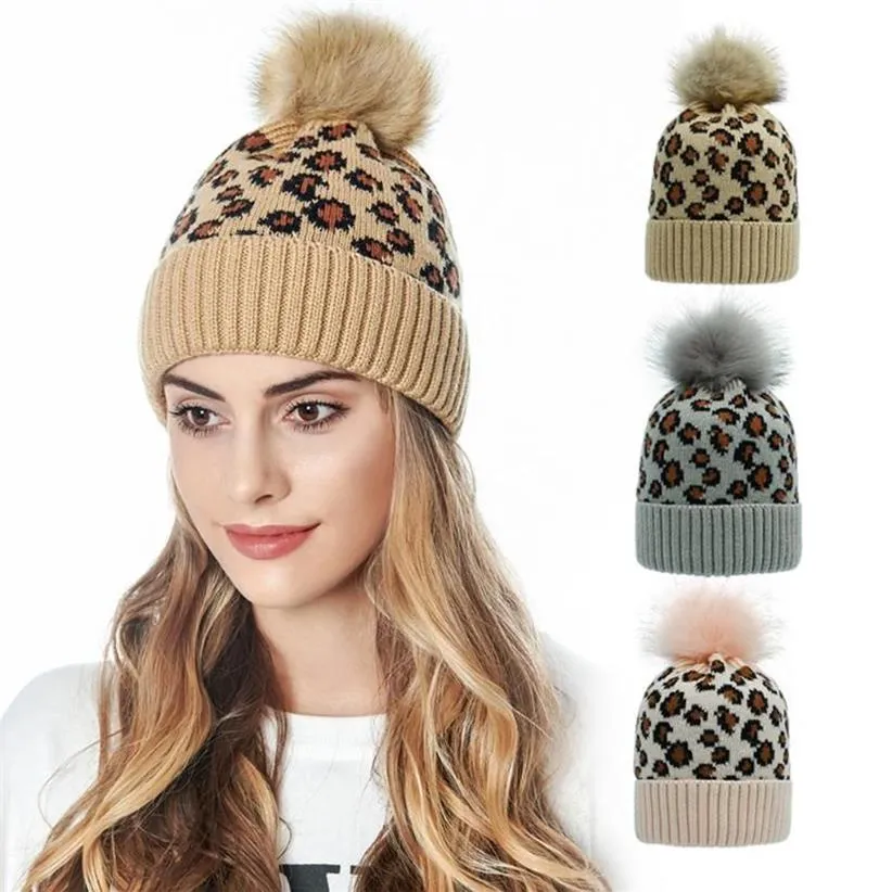 New Autumn Womens Beanie Warm Winter Leopard Print Wool Knit Hat Plain Ski Pom Wooly Cap203R