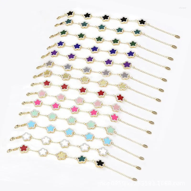 Link Bracelets Sweet Colorful Five Leaf Flower Bracelet For Women Fashion Crystal Jewelry Friendship Statement Wrist Bangle Girls Gift Party