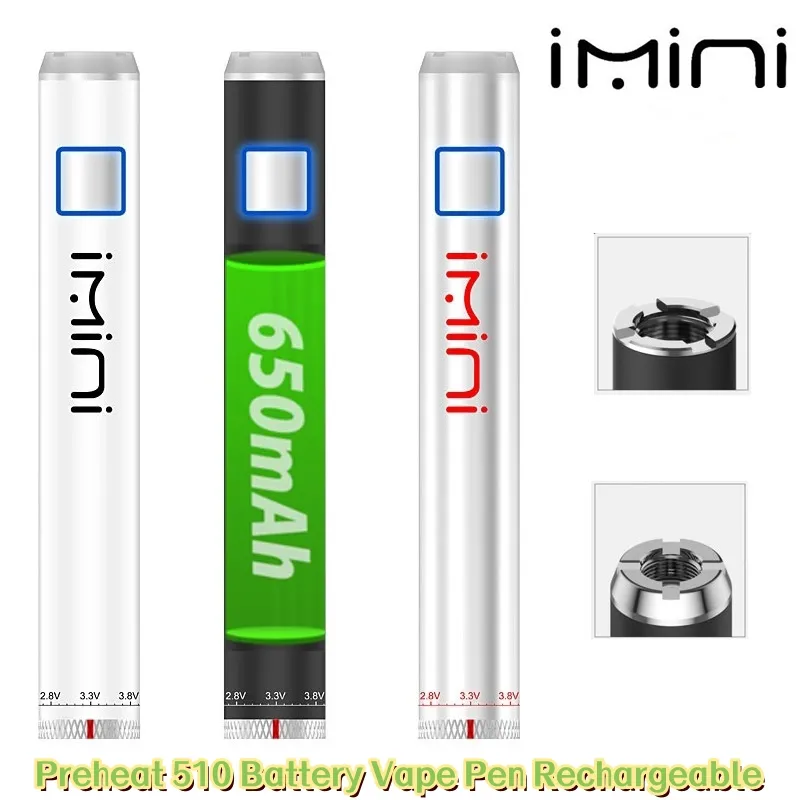 Shenzhen Factory Battery IMINI 650MAH Batteri 14mm ARI 1.8-4.2V Förvärm variabel spänning VV-batterier 510 patroner Vagnar Förvärm 510 Batterivapen Penna Penning