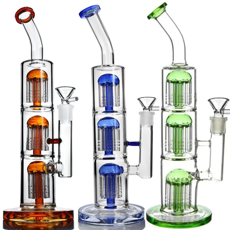 13 pulgadas de alto gris Triple árbol perc filtro de vidrio embriagador bong dab rig pipa de agua plataformas petrolíferas para fumar con cachimba para fumar banger de 14,4 mm