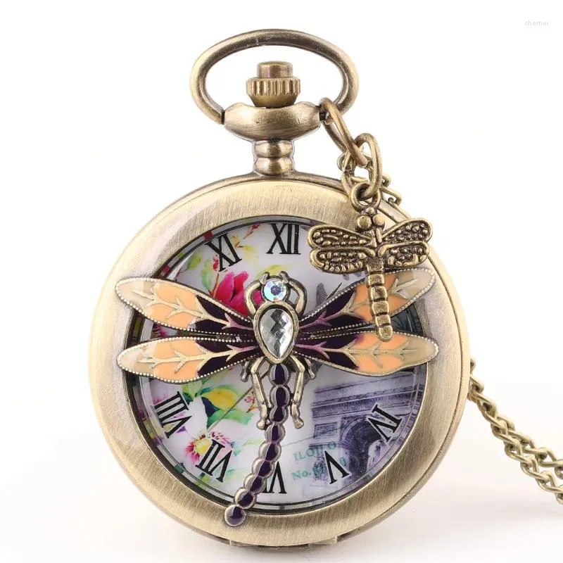 Pocket Watches 50pcs/lot Vintage Bronze Hollowed Dragonfly Watch With Pandent Men Women Quartz Gift Wholesale