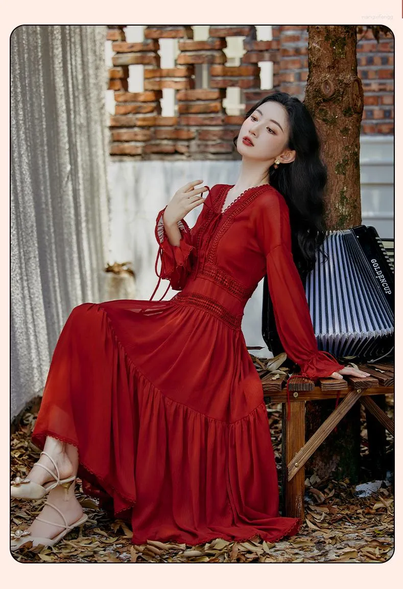 Casual Bohemian Dress: French Lady Romantic Vintage Lace-Up V-Neck Flare  Sleeve Medieval Red Dress For Women, Beach Night Party Vestidos