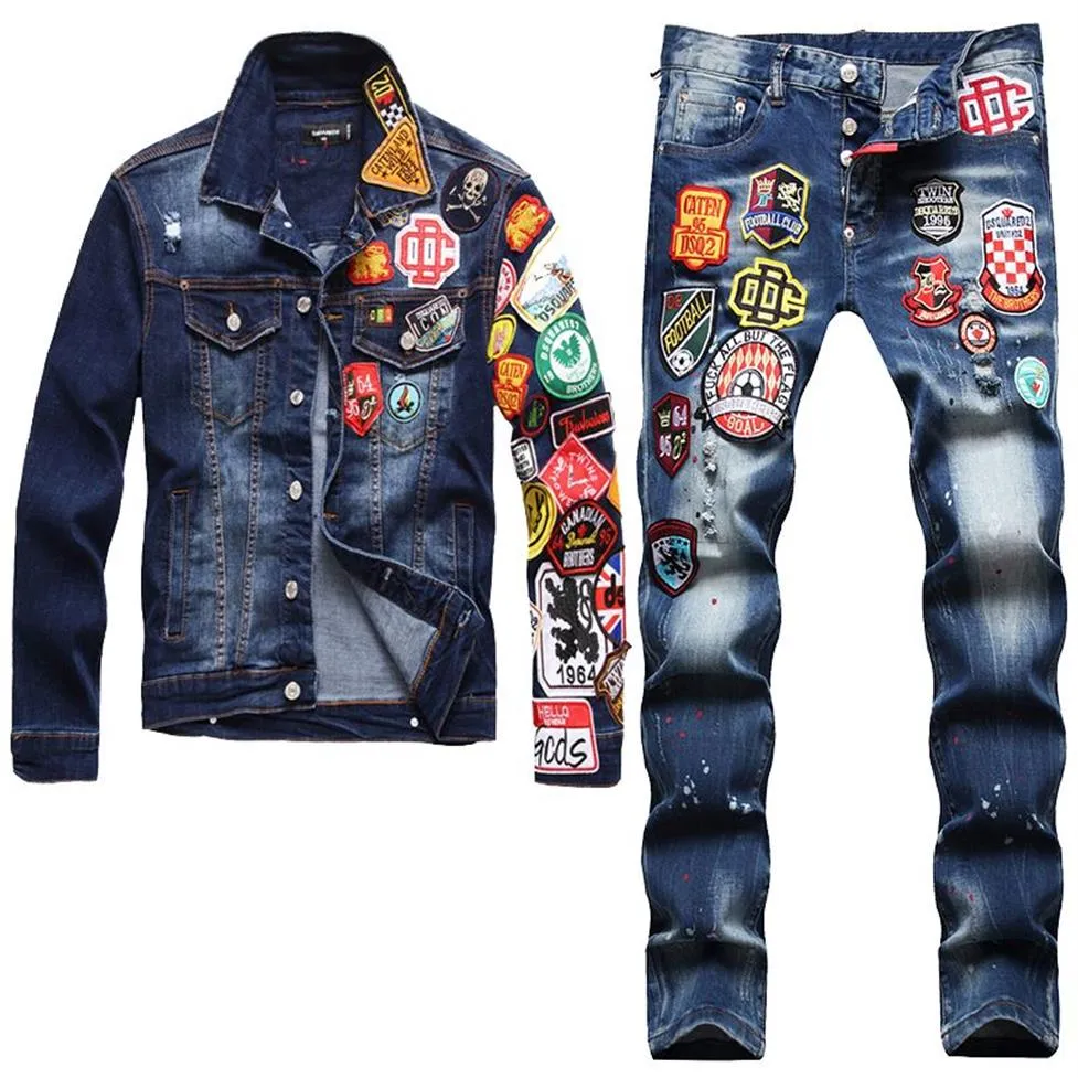 Moda magro fatos de treino multi-crachá denim jaqueta e jeans conjuntos de duas peças outono inverno masculino bordado emblema casaco e stre201w