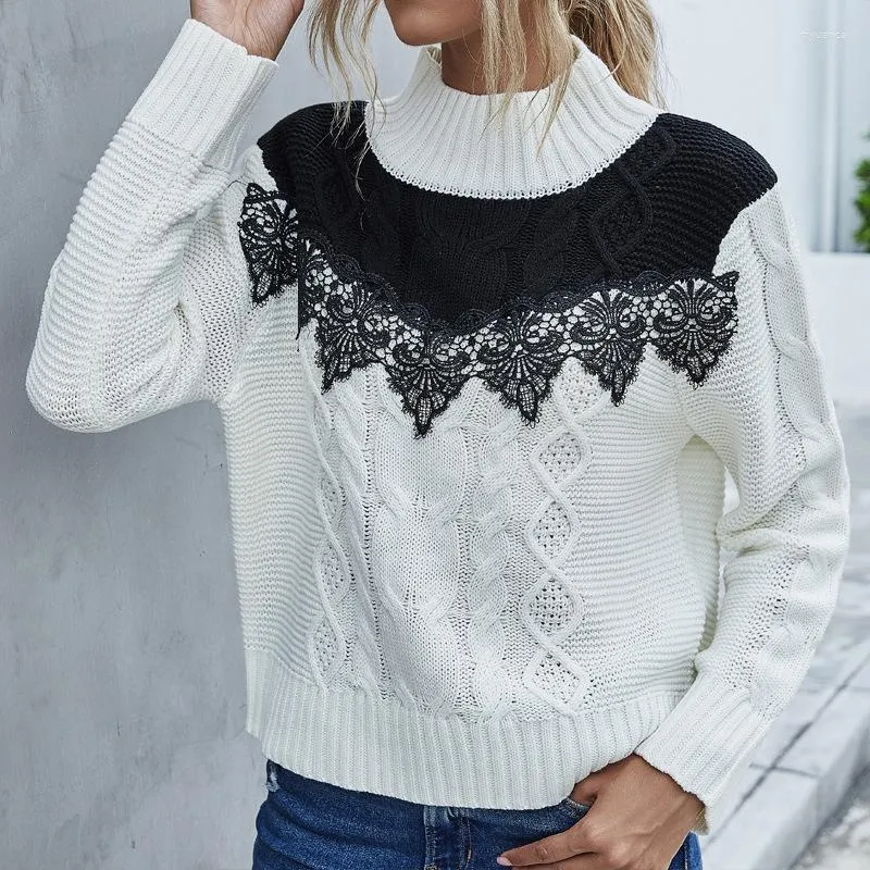 Women's Sweaters Explosions Casual Loose Half Turtle Neck Contrast Lace Stitching Ladies Long Sleeve Sweater Black White Christmas Women