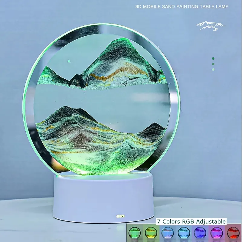 장식용 물체 인형 3D 모래 속단 테이블 램프 7 컬러 RGB 조절 가능한 움직이는 모래 퀵 및 흐르는 모래 예술 그림 깊은 바다 모래 스펙 케이프 홈 장식 선물 231007