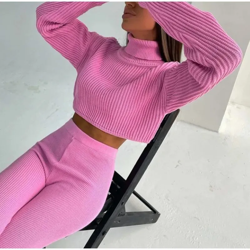 Women's Two Piece Pants Women Knitted Two Pieces Sets Autumn Winter Cotton Casual Female Warm Suits Turtleneck Cropped Sweater And Trouser Tracksuits 231005