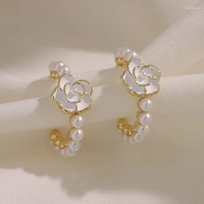 Studörhängen avgiftshow Camellia Imitation Pearl For Women Sweet Romantic White Earring Wedding Party Jewelry