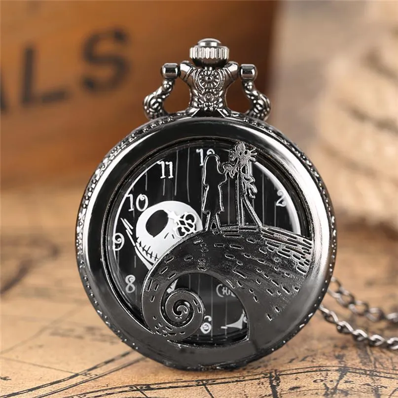 Silver Bronze Black Cover Nightmare Theme Hollow Out Girl Pocket Watch Män Kvinnor Barn Quartz Watches Halsbandkedja Halloween 2800