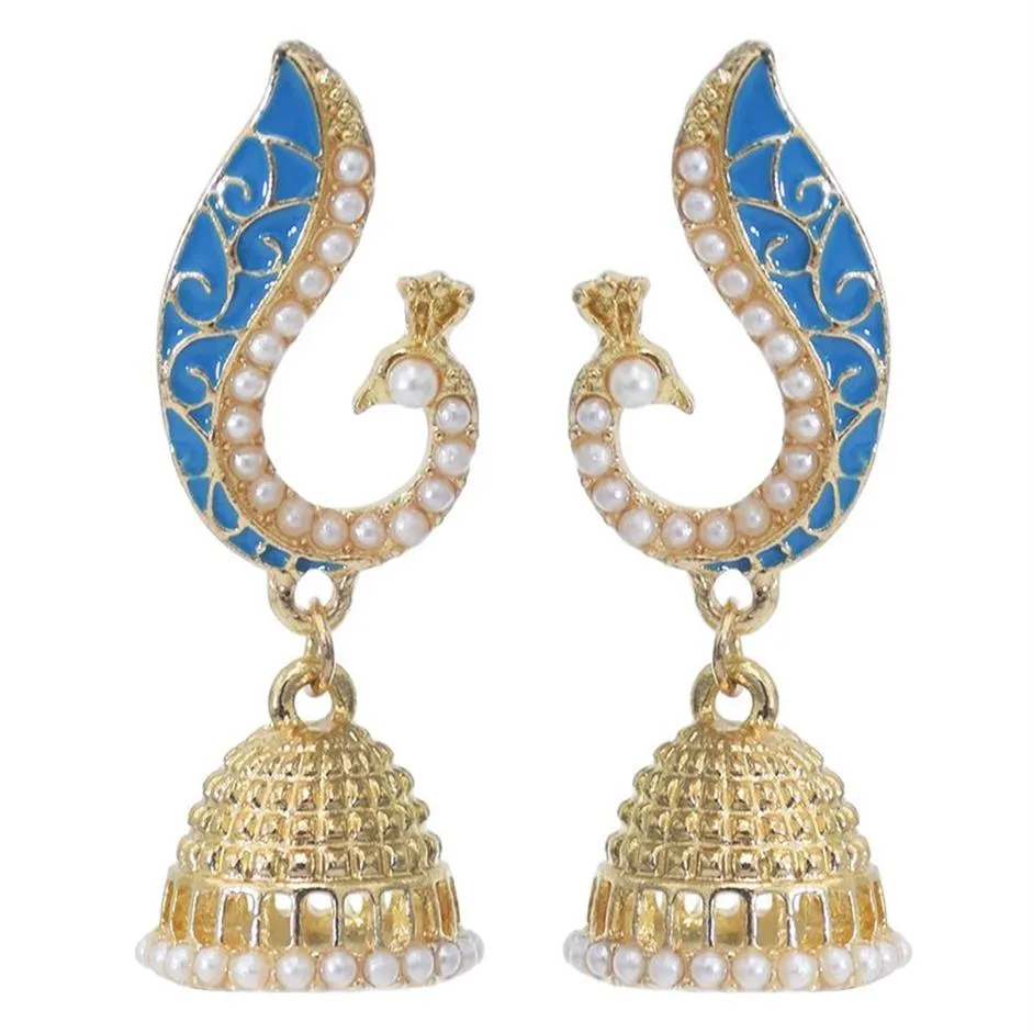 أقراط Jhumka الهندية للنساء الذهب الطاووس على شكل بيرل بيرل أجراس شرابة الحزب هدية مجوهرات 20107x