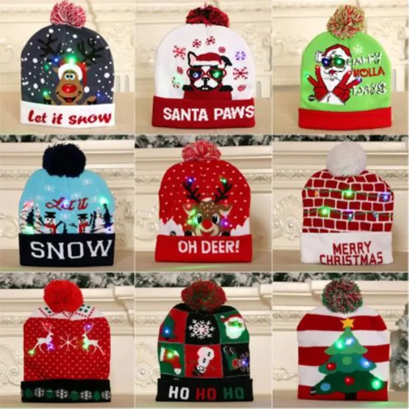Noel Dekorasyonları Noel Şapkası Yetişkin Çocuklar Örgü Yün Şapka Renkli Işık Örgü Kapak Santa Hat 231006