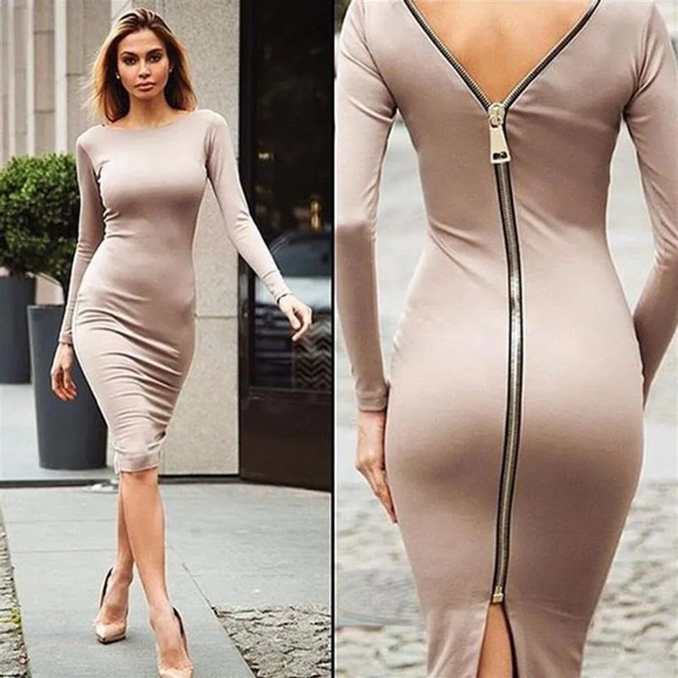 Bodycon Kılıf Elbise Uzun Kollu Parti Seksi Elbiseler Kadın Giyim Geri Tam Fermuarı Çöp Seksi Kalem Sıkı Elbise Vestidos231J