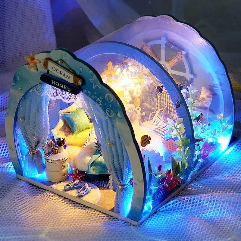 Accessoires voor poppenhuis Cutebee DIY houten poppenhuis Ocean Room Kit huis gemonteerd met licht Model Casa voor kinderen volwassen geschenken 231007