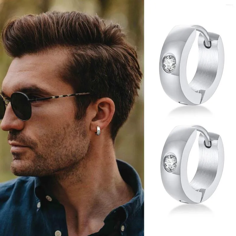 Boucles d'oreilles créoles pour hommes, petites avec zircone cubique, ne se décolore jamais, couleur argent, étanche, acier inoxydable, hypoallergénique, Huggie