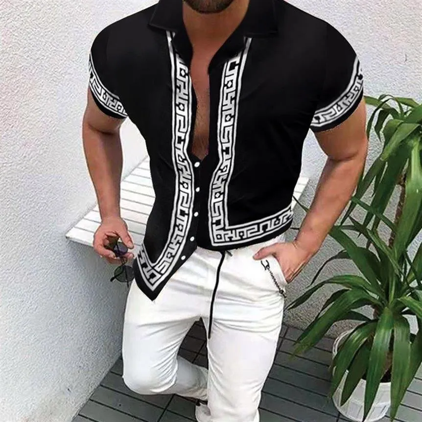 Big Size 3XL Men's Casual vintage Shirts blouses short Sleeve summer Black white printed Shirt Loose Fit Print Pattern Man Cl266p