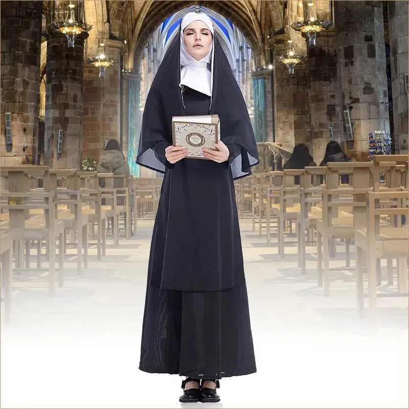 Traje temático 1 unid mujeres adultas monjas tradicionales viene túnica negra religioso católico sacerdote hermana ropa cosplay fiesta dressl231007