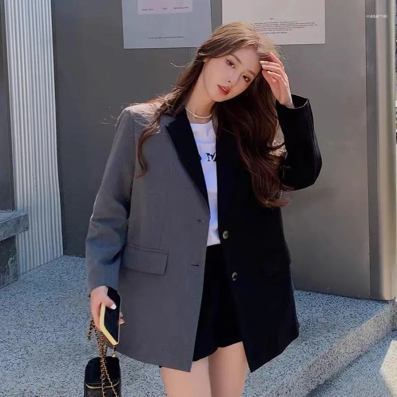 Kvinnors kostymer Dayifun Basic Korean Blazers Lossa toppar Spliced ​​Ladies Set Jackets Female Coat Elegant Autumn Winter