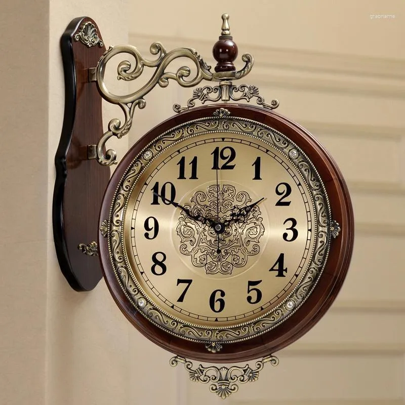 Настенные часы, европейские художественные часы, бесшумные ретро, большие металлические, деревянные, двухсторонние, для гостиной, домашнего декора, подарок