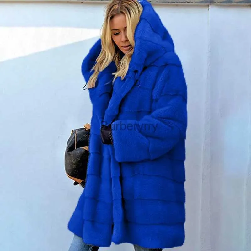 Futro damskie sztuczne futro średnia długość solidnego koloru luźna pluszowa płaszcz z kapturem futra jesień i zimowy ciepły płaszcz 231007