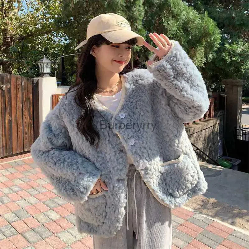 Women's Fur Faux Fur Lucyever Autumn Winter Lamb Wool Jackets Women Korean Style Loose O-Neck Furry Outerwear Thicken Warm Long Sleeve Fake Fur CoatsL231007