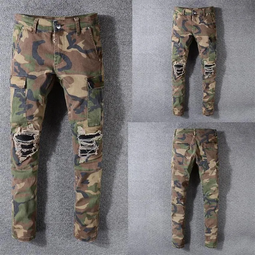 Calças de brim masculinas estilo italiano calças de brim do exército verde camuflagem retalhos calças casuais fino ajuste marca streetwear estiramento biker237d