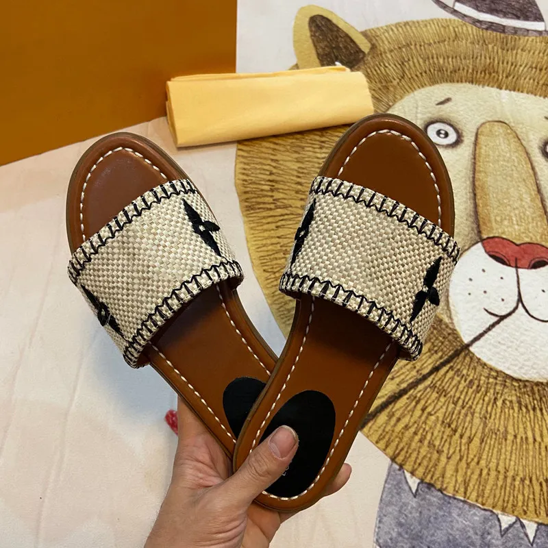 Desinger Womens Slippers White Black Pink Mesh Embroidered Linen Beige Woody Flat Mule Sandals Loe Luxury Beach Platform red green