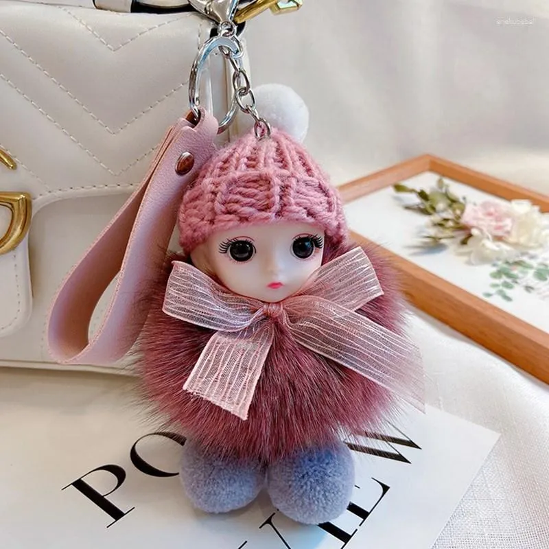 Keychains Fashion Cute Big Eyes Baby Pendant Keyring Real Fur Cartoons Keychain 12color Optional Women Girls Toys Trinket Bag Ornament